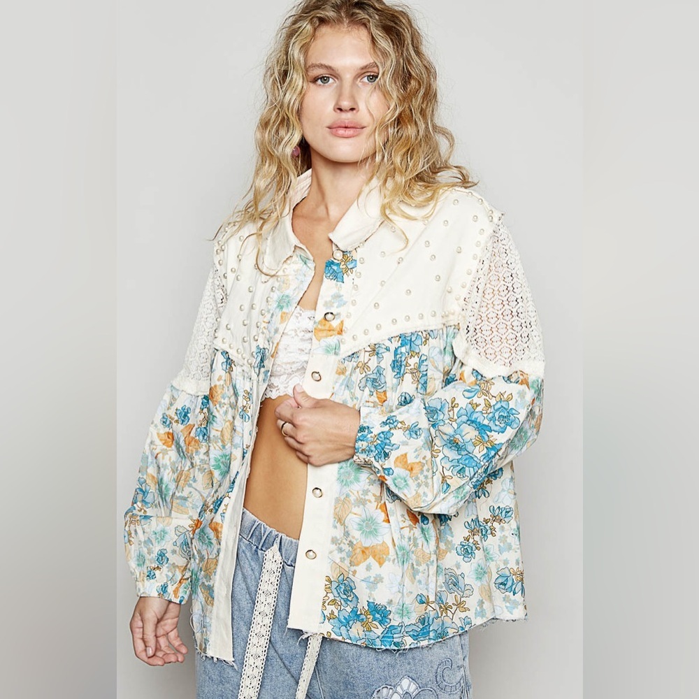 POL Cream Floral Button-Up Jacket with Blue & Tan Blooms